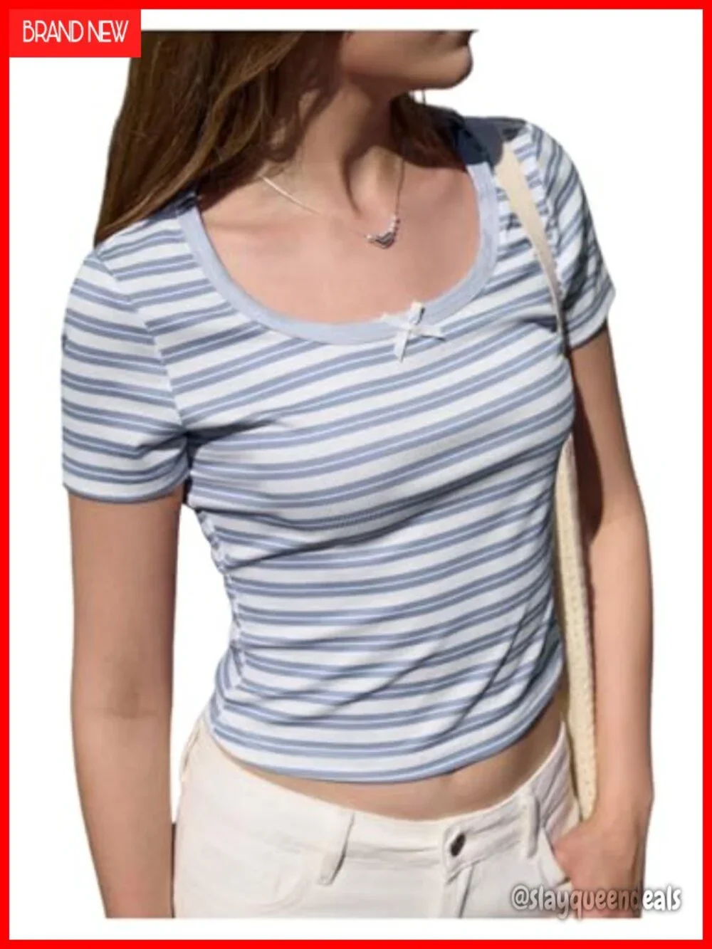 Striped Ribbed Knit Crop Top Scoop Neck Bow Fitted Tee